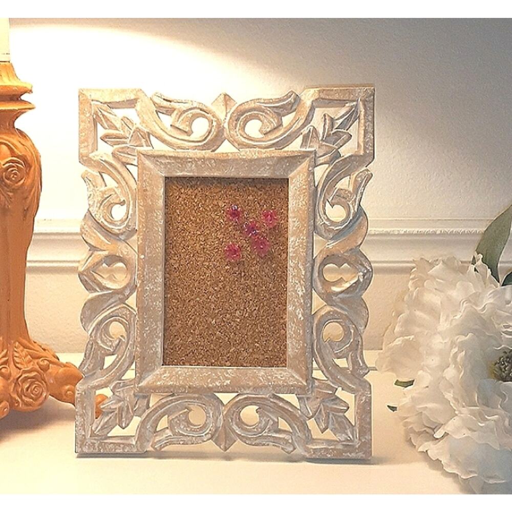 Carved White Wood Picture Frame Desk Mini Bulletin Board Push‎ Pins Office Home
